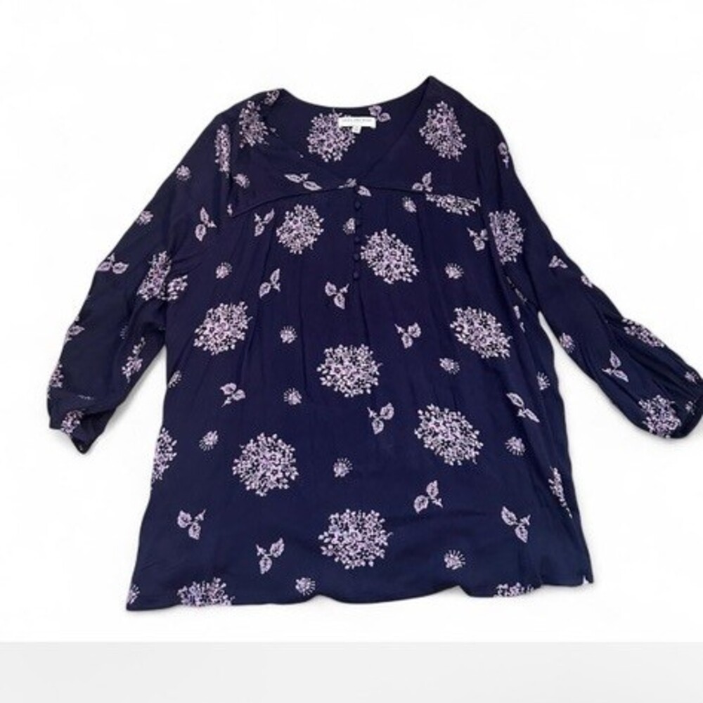 Skies Are Blue Blouse Womens Plus 1X Navy Purple Floral Peasant V-Neck‎